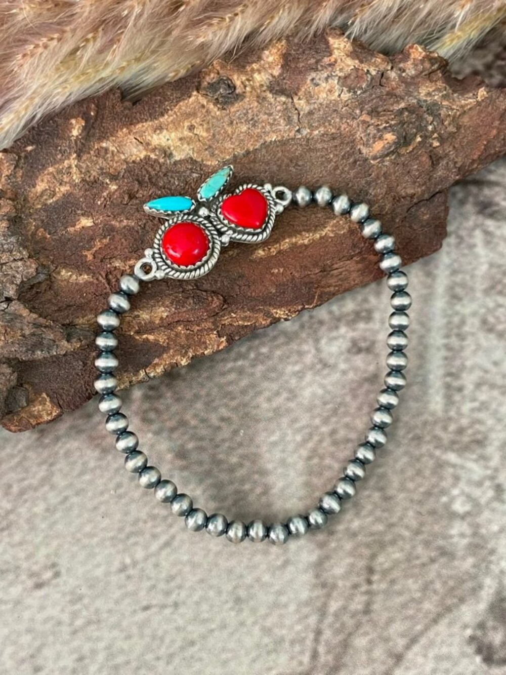 Handmade Sterling Silver Rosarita with Kingman Turquoise Cherry Stretchy Beaded